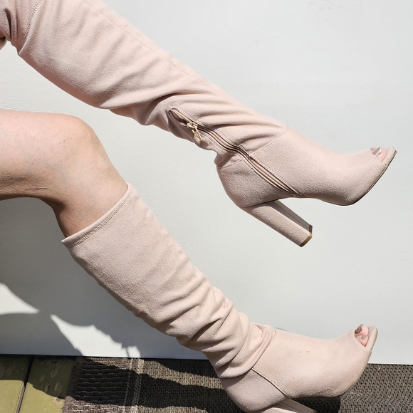 Over the Knee High Light Pink Open Toe Heel Shoes - Picture 5 of 7